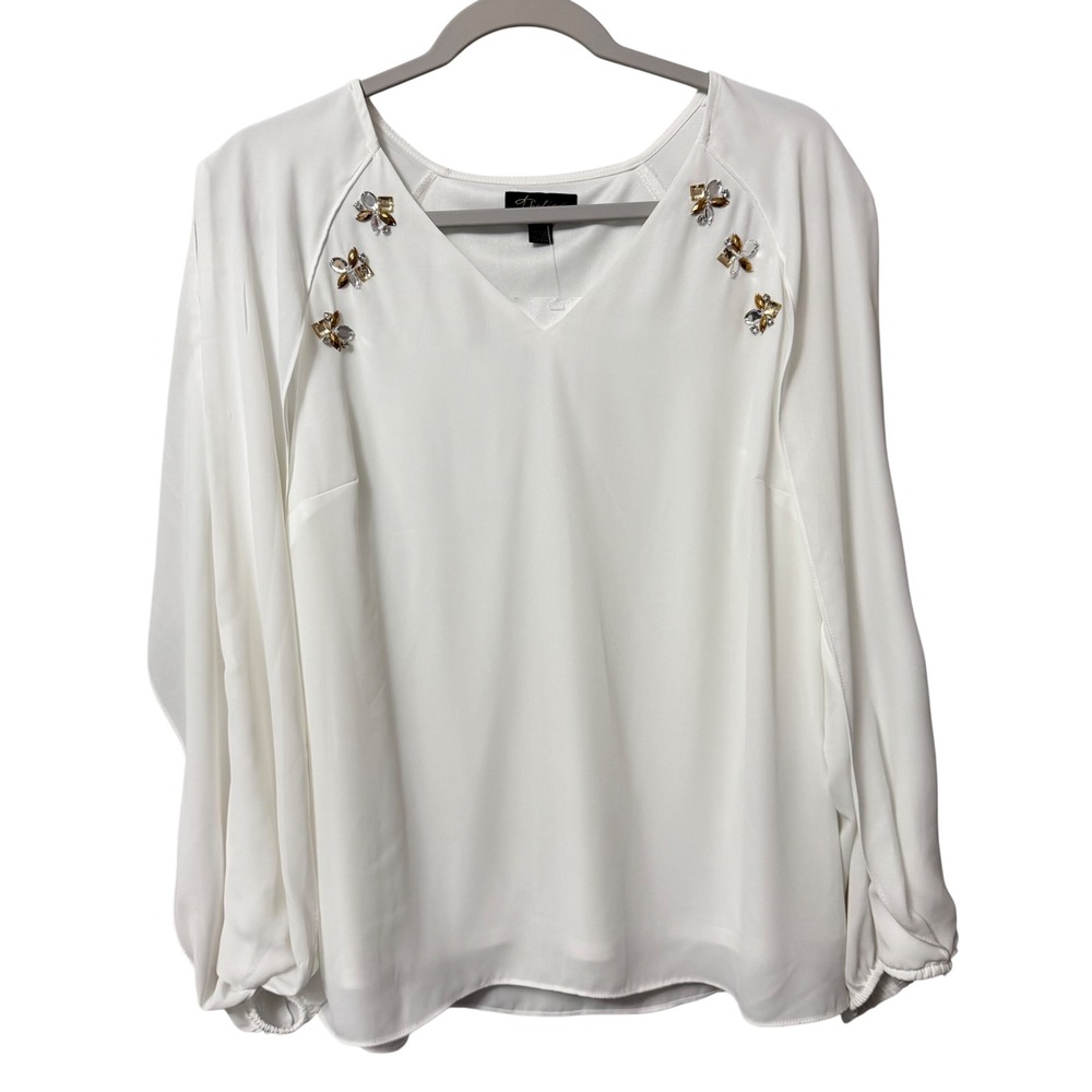 Thalia Sodi Womens Ivory Rhinestone Butterfly Split Sleeve V-Neck Blouse Size M